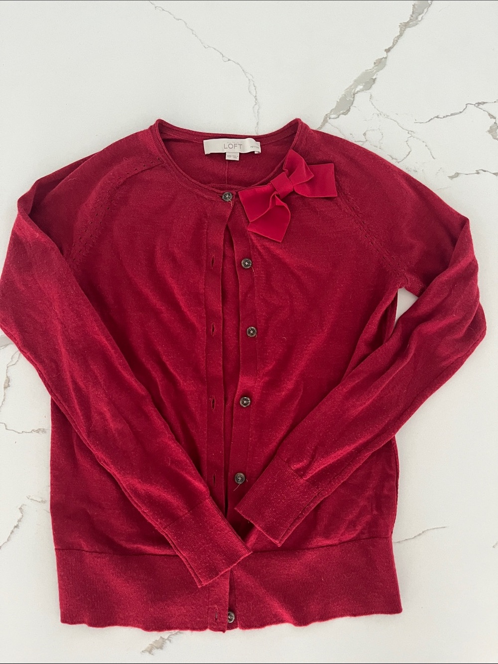 LOFT Red Bow-Accent Button-Front Crewneck Cardigan